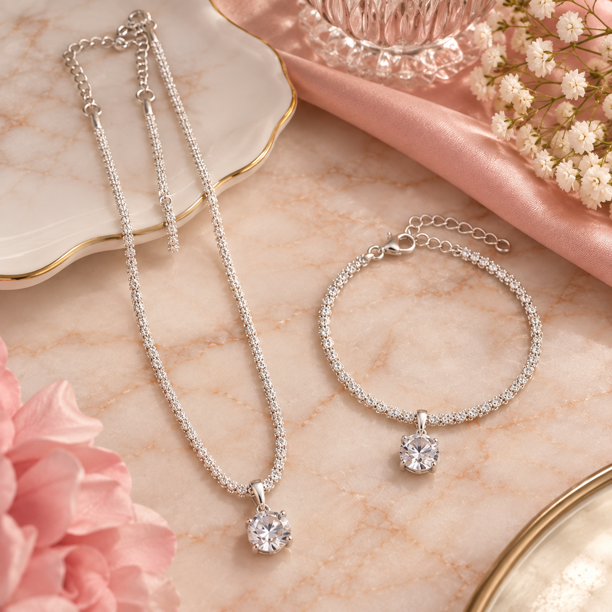 Crystal Glow 925 Sterling Silver Necklace and Bracelet Set