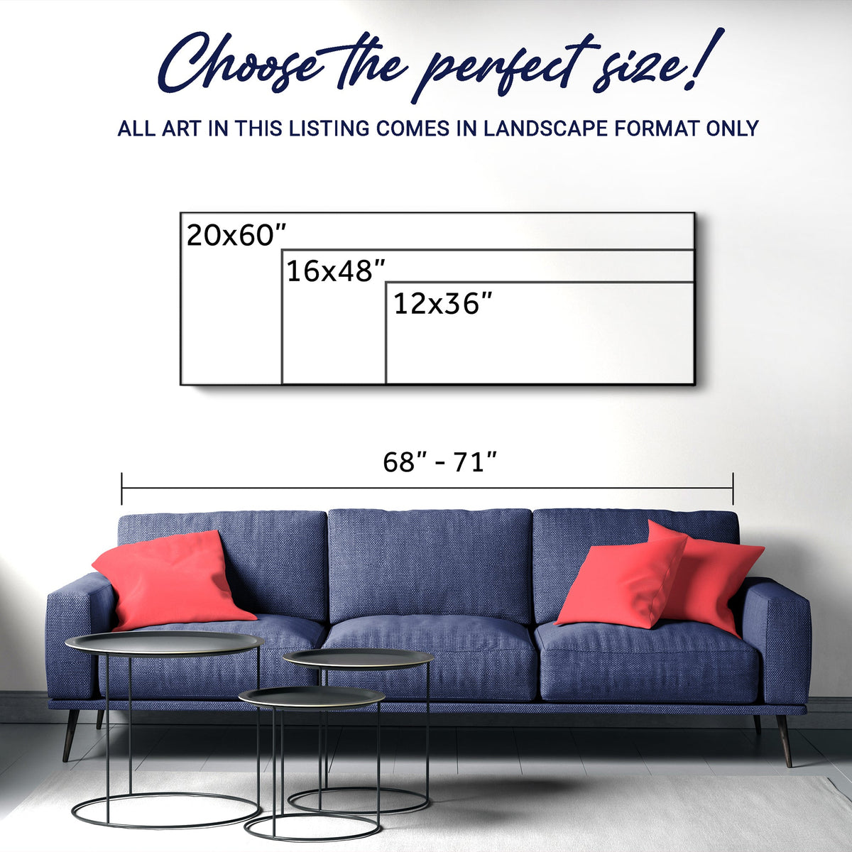 Landscape wall art size chart showing 20x60, 16x48, and 12x36 options