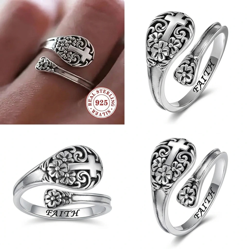 925 Sterling Silver Bohemian Faith Ring – Adjustable Vintage Cross