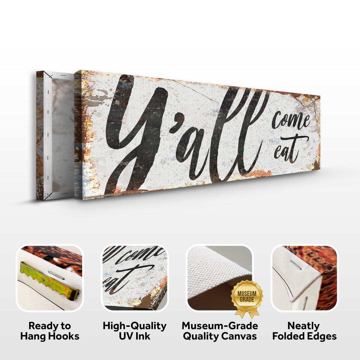 Landscape wall sign “Y’all come eat” with icons for hanging hooks and folded edges