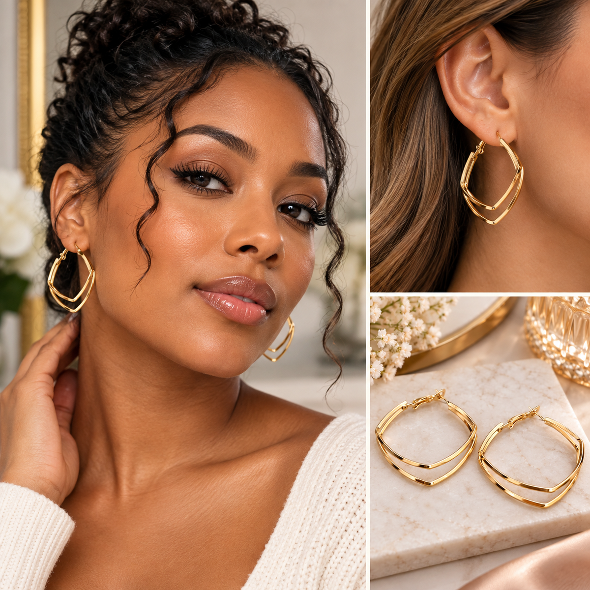 Golden Double-Layer Geometric Hoop Earrings