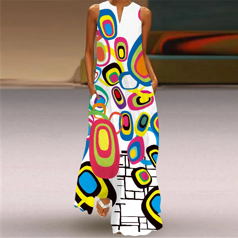 Vintage Print Women Sundress 2023 Summer Fashion V-neck Sleeveless Long Dress Elegant Ladies Maxi Dresses Femme Vestidos