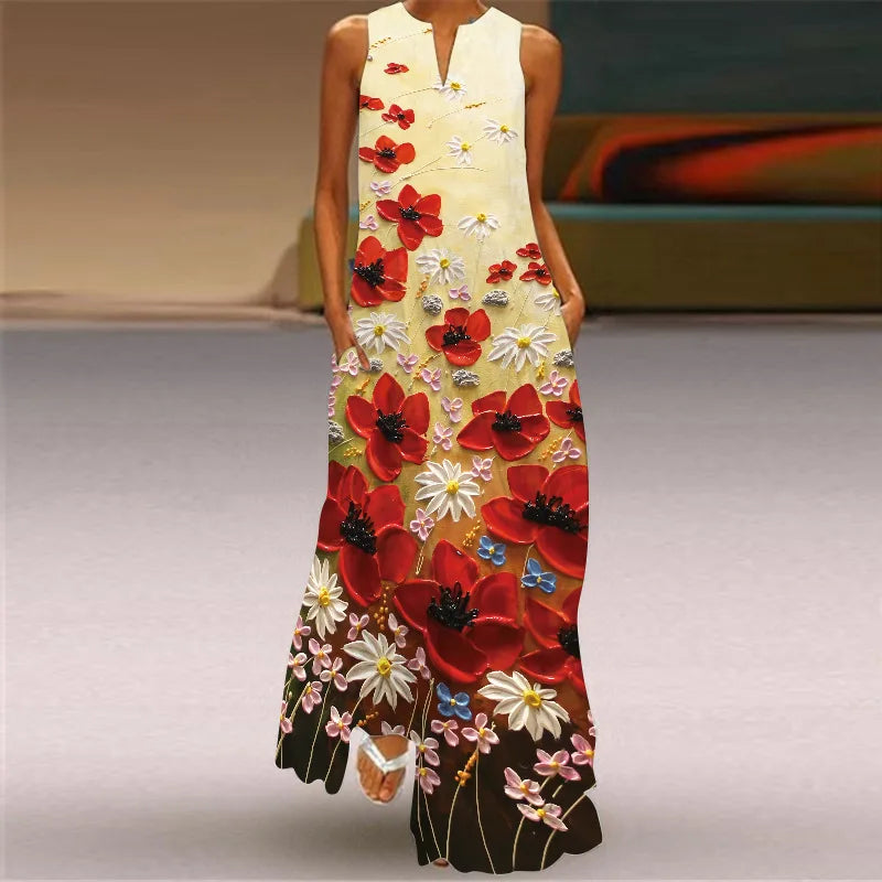 Vintage Print Women Sundress 2023 Summer Fashion V-neck Sleeveless Long Dress Elegant Ladies Maxi Dresses Femme Vestidos