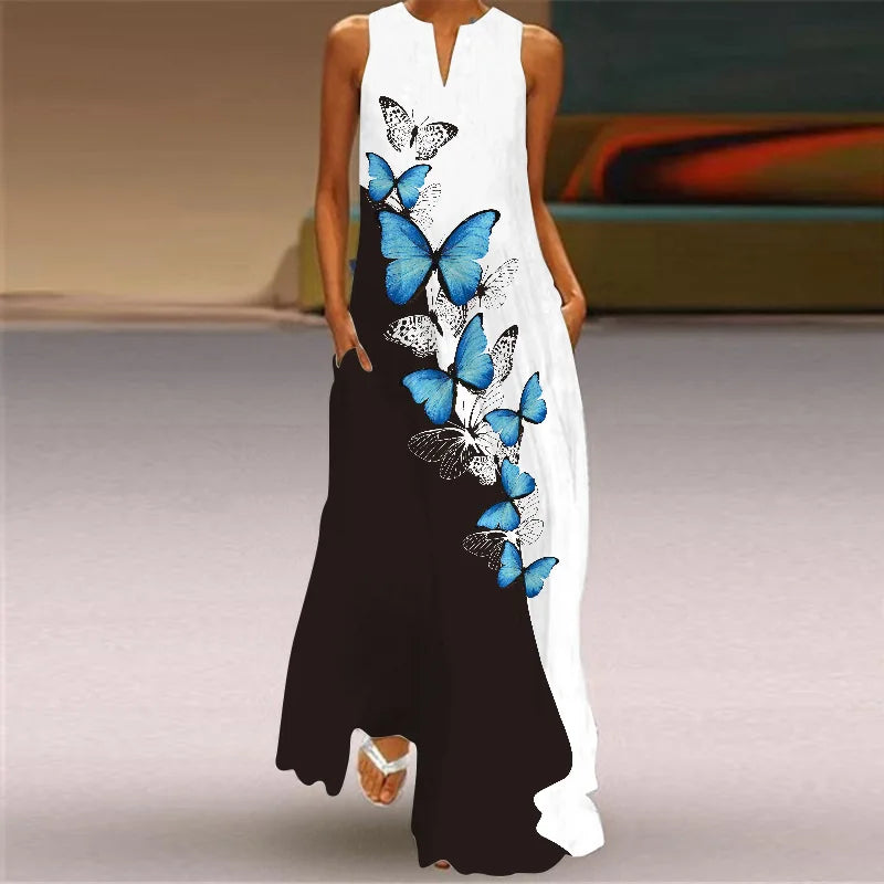 Vintage Print Women Sundress 2023 Summer Fashion V-neck Sleeveless Long Dress Elegant Ladies Maxi Dresses Femme Vestidos