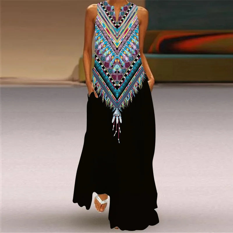 Vintage Print Women Sundress 2023 Summer Fashion V-neck Sleeveless Long Dress Elegant Ladies Maxi Dresses Femme Vestidos