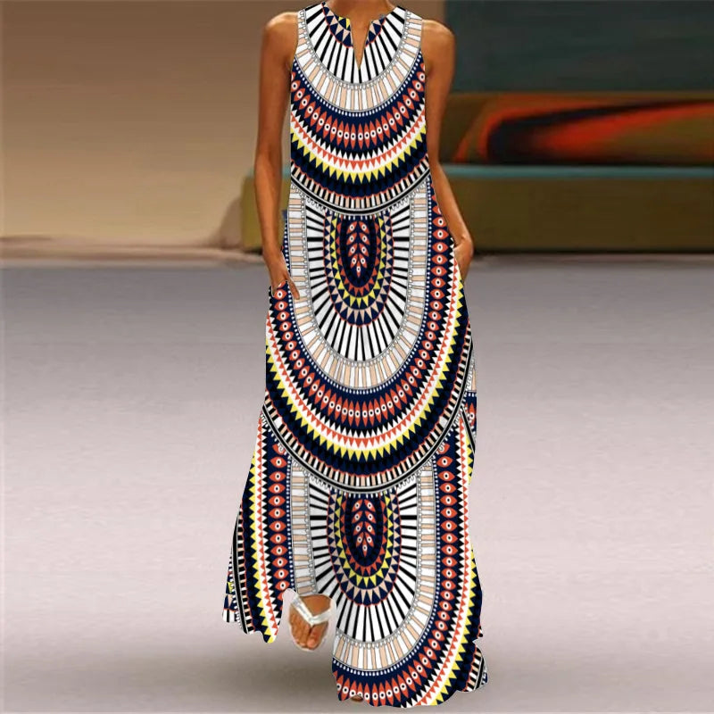 Vintage Print Women Sundress 2023 Summer Fashion V-neck Sleeveless Long Dress Elegant Ladies Maxi Dresses Femme Vestidos
