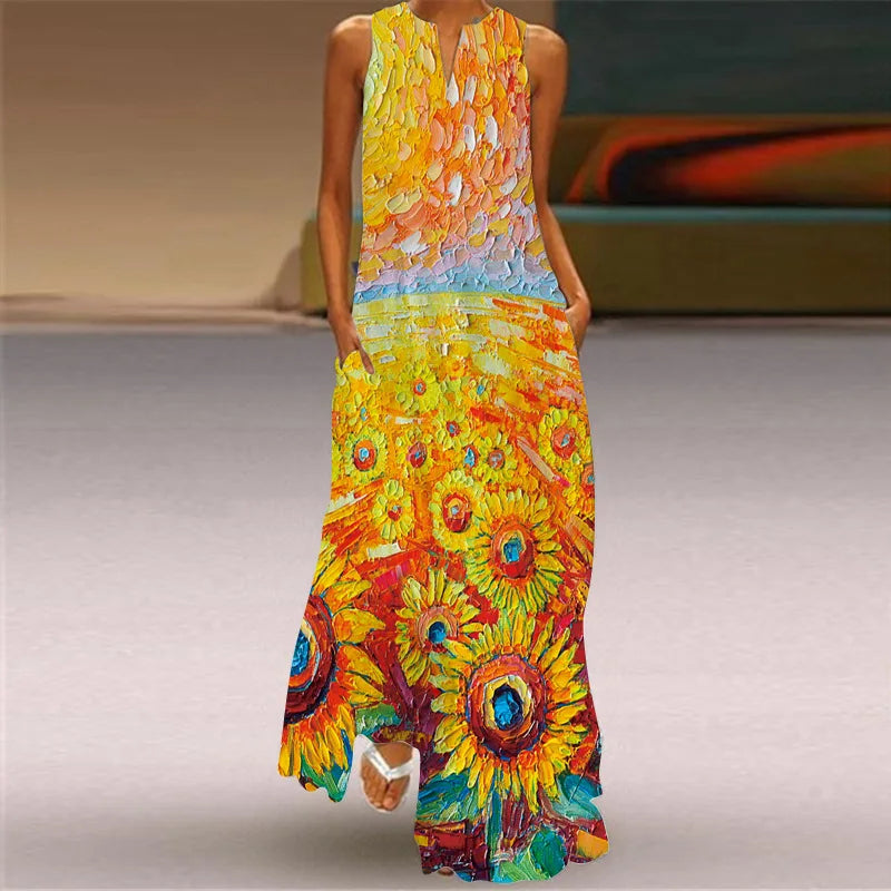Vintage Print Women Sundress 2023 Summer Fashion V-neck Sleeveless Long Dress Elegant Ladies Maxi Dresses Femme Vestidos