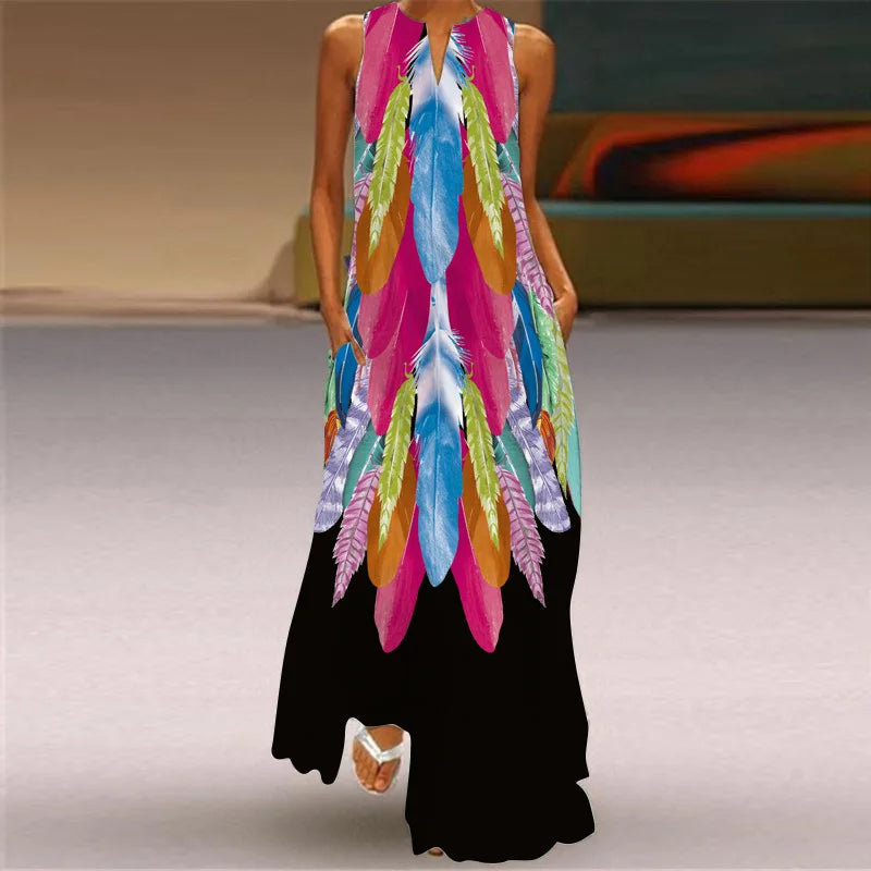 Vintage Print Women Sundress 2023 Summer Fashion V-neck Sleeveless Long Dress Elegant Ladies Maxi Dresses Femme Vestidos