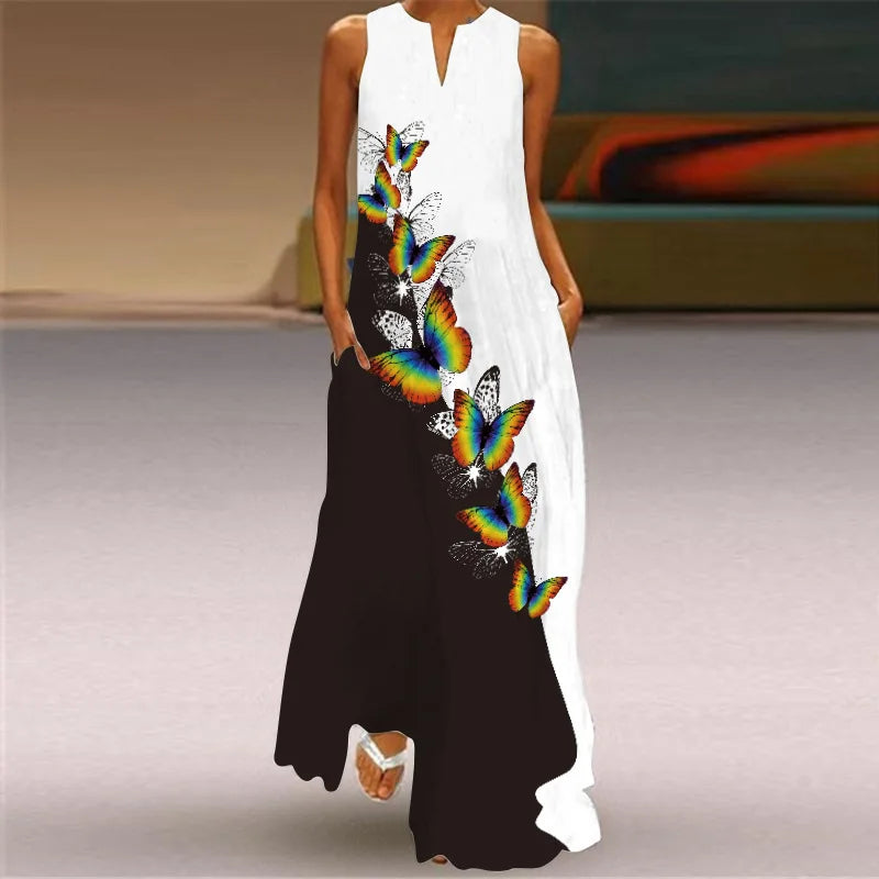Vintage Print Women Sundress 2023 Summer Fashion V-neck Sleeveless Long Dress Elegant Ladies Maxi Dresses Femme Vestidos