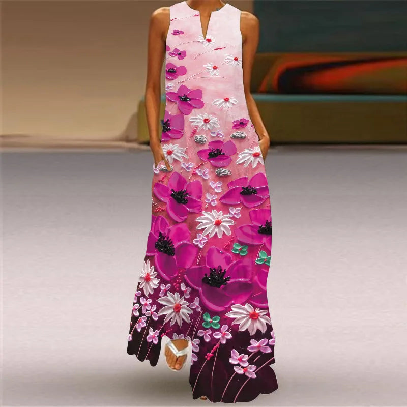Vintage Print Women Sundress 2023 Summer Fashion V-neck Sleeveless Long Dress Elegant Ladies Maxi Dresses Femme Vestidos