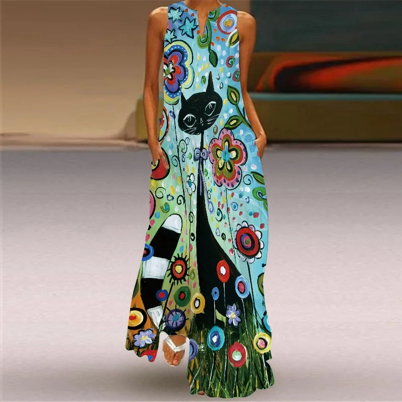 Vintage Print Women Sundress 2023 Summer Fashion V-neck Sleeveless Long Dress Elegant Ladies Maxi Dresses Femme Vestidos