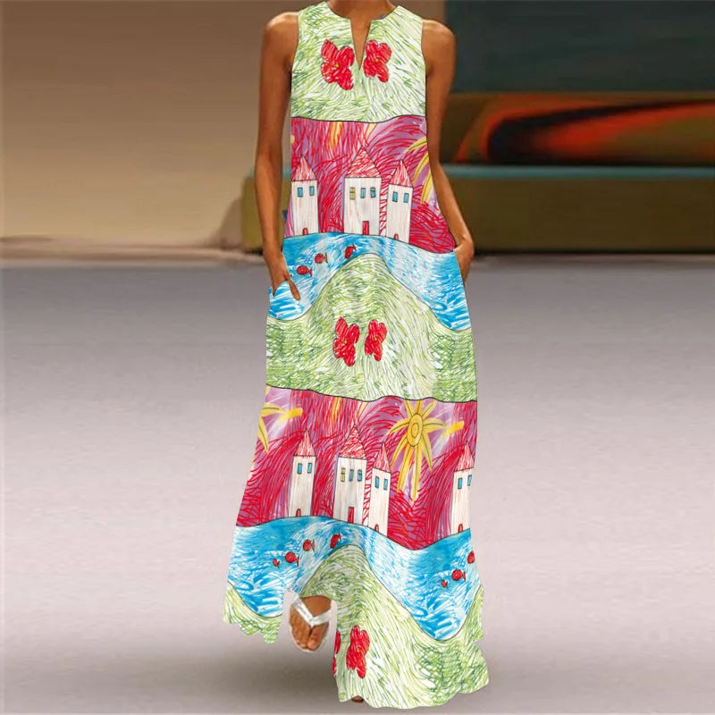 Vintage Print Women Sundress 2023 Summer Fashion V-neck Sleeveless Long Dress Elegant Ladies Maxi Dresses Femme Vestidos