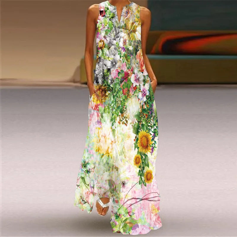 Vintage Print Women Sundress 2023 Summer Fashion V-neck Sleeveless Long Dress Elegant Ladies Maxi Dresses Femme Vestidos