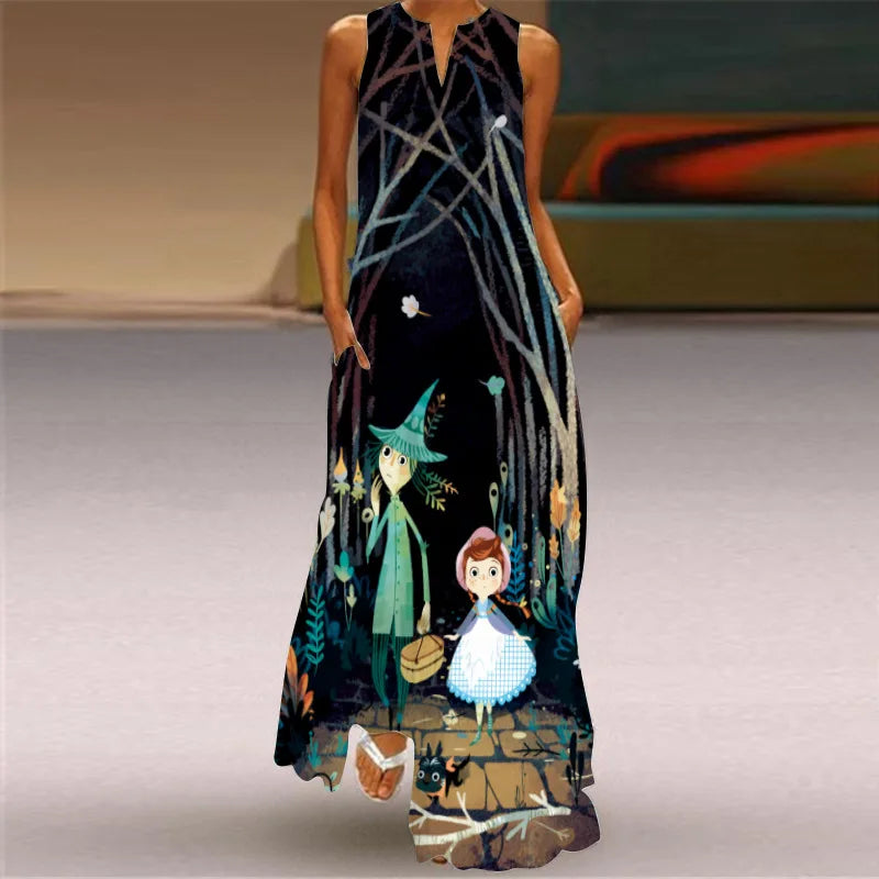 Vintage Print Women Sundress 2023 Summer Fashion V-neck Sleeveless Long Dress Elegant Ladies Maxi Dresses Femme Vestidos