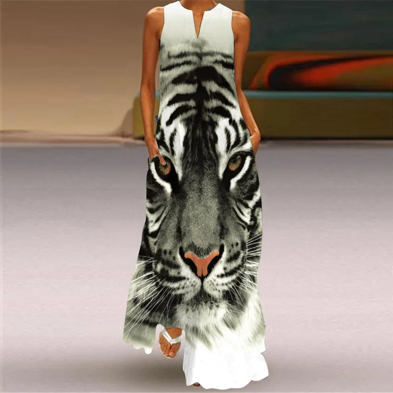 Vintage Print Women Sundress 2023 Summer Fashion V-neck Sleeveless Long Dress Elegant Ladies Maxi Dresses Femme Vestidos