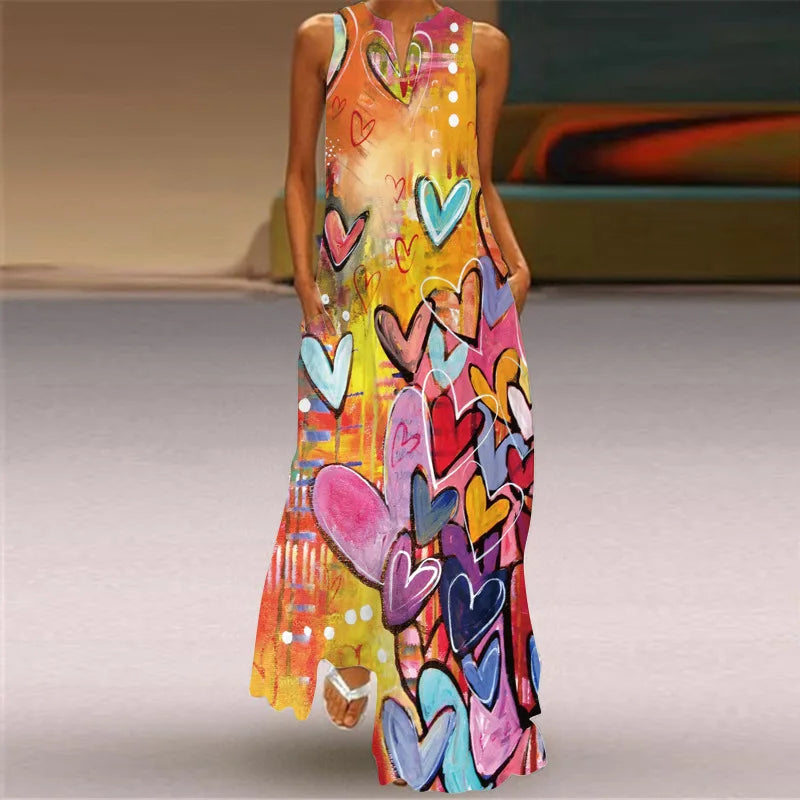Vintage Print Women Sundress 2023 Summer Fashion V-neck Sleeveless Long Dress Elegant Ladies Maxi Dresses Femme Vestidos