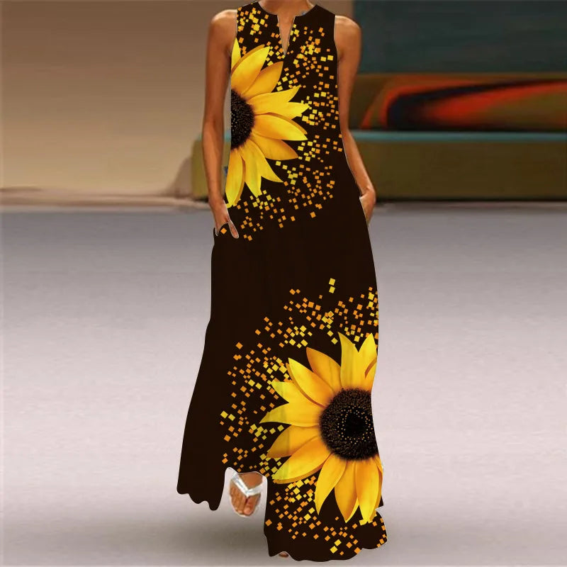 Vintage Print Women Sundress 2023 Summer Fashion V-neck Sleeveless Long Dress Elegant Ladies Maxi Dresses Femme Vestidos