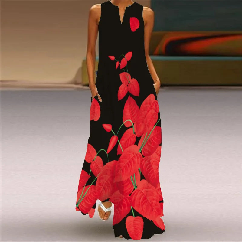 Vintage Print Women Sundress 2023 Summer Fashion V-neck Sleeveless Long Dress Elegant Ladies Maxi Dresses Femme Vestidos