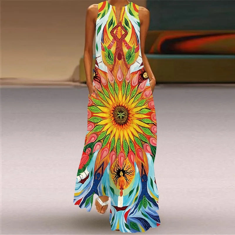Vintage Print Women Sundress 2023 Summer Fashion V-neck Sleeveless Long Dress Elegant Ladies Maxi Dresses Femme Vestidos