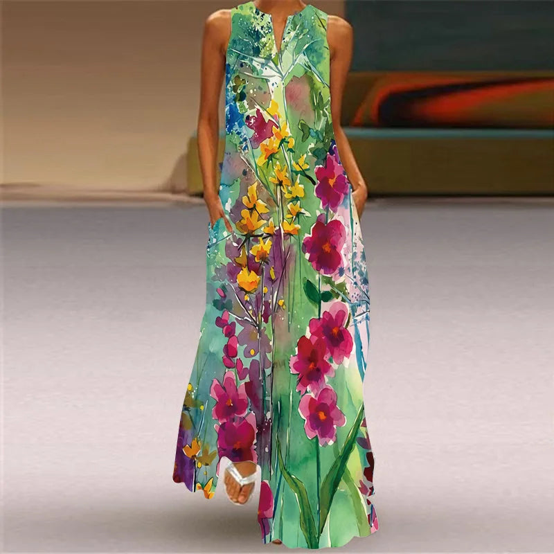 Vintage Print Women Sundress 2023 Summer Fashion V-neck Sleeveless Long Dress Elegant Ladies Maxi Dresses Femme Vestidos