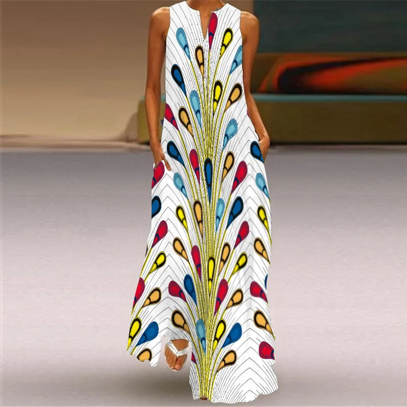 Vintage Print Women Sundress 2023 Summer Fashion V-neck Sleeveless Long Dress Elegant Ladies Maxi Dresses Femme Vestidos