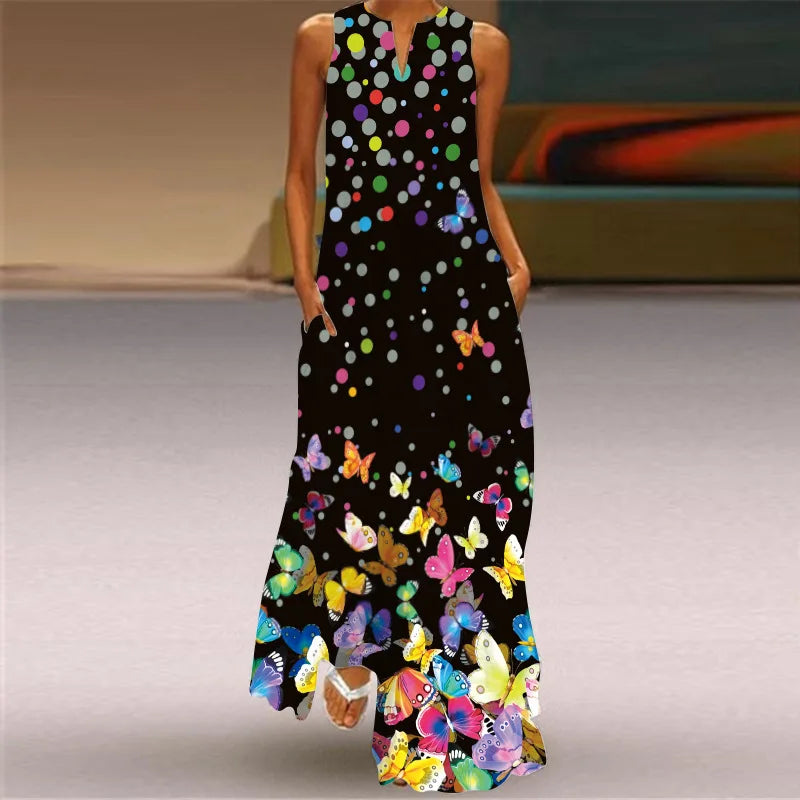 Vintage Print Women Sundress 2023 Summer Fashion V-neck Sleeveless Long Dress Elegant Ladies Maxi Dresses Femme Vestidos