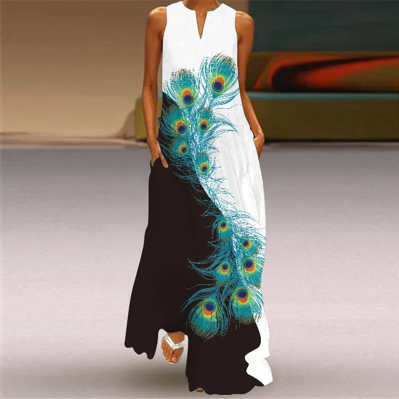 Vintage Print Women Sundress 2023 Summer Fashion V-neck Sleeveless Long Dress Elegant Ladies Maxi Dresses Femme Vestidos