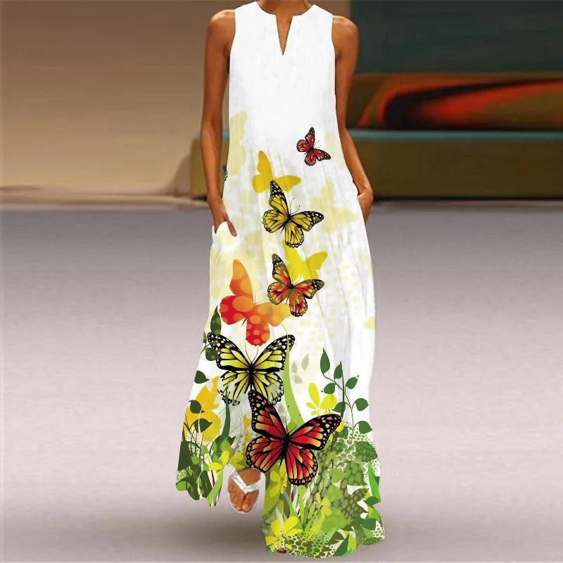 Vintage Print Women Sundress 2023 Summer Fashion V-neck Sleeveless Long Dress Elegant Ladies Maxi Dresses Femme Vestidos