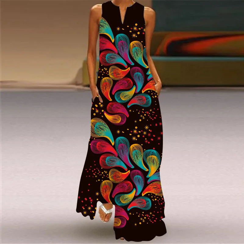 Vintage Print Women Sundress 2023 Summer Fashion V-neck Sleeveless Long Dress Elegant Ladies Maxi Dresses Femme Vestidos