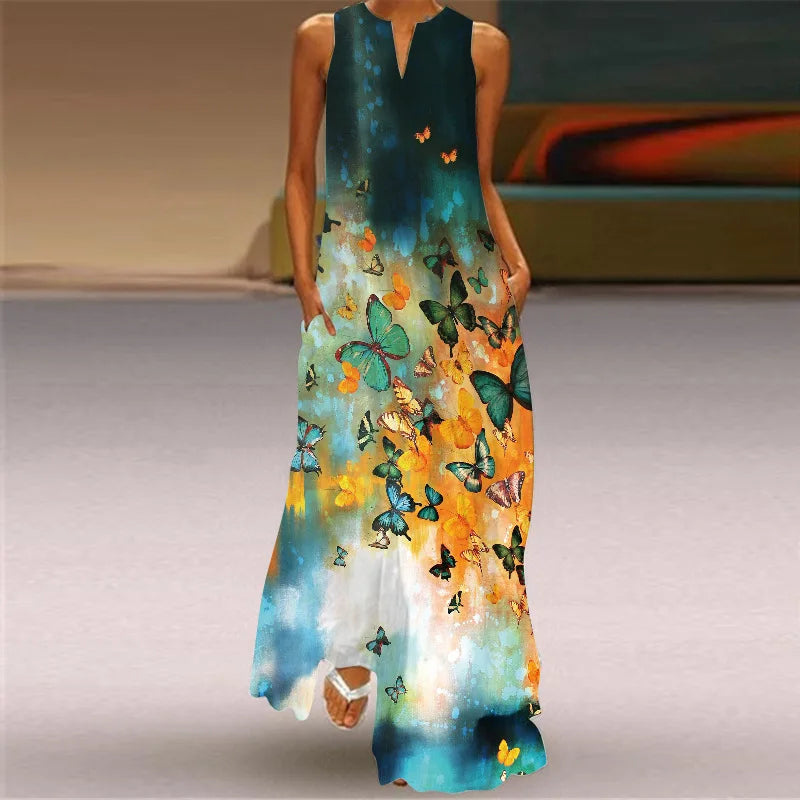 Vintage Print Women Sundress 2023 Summer Fashion V-neck Sleeveless Long Dress Elegant Ladies Maxi Dresses Femme Vestidos