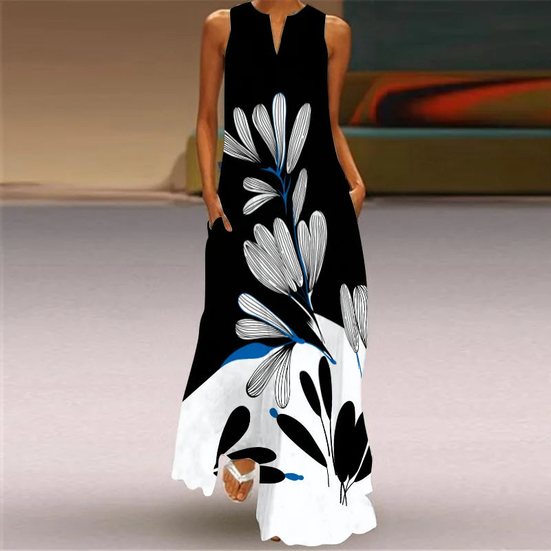 Vintage Print Women Sundress 2023 Summer Fashion V-neck Sleeveless Long Dress Elegant Ladies Maxi Dresses Femme Vestidos