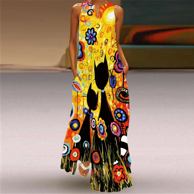 Vintage Print Women Sundress 2023 Summer Fashion V-neck Sleeveless Long Dress Elegant Ladies Maxi Dresses Femme Vestidos