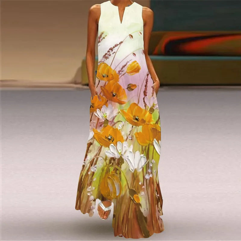 Vintage Print Women Sundress 2023 Summer Fashion V-neck Sleeveless Long Dress Elegant Ladies Maxi Dresses Femme Vestidos