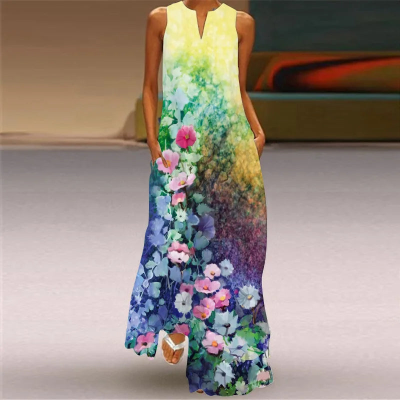 Vintage Print Women Sundress 2023 Summer Fashion V-neck Sleeveless Long Dress Elegant Ladies Maxi Dresses Femme Vestidos