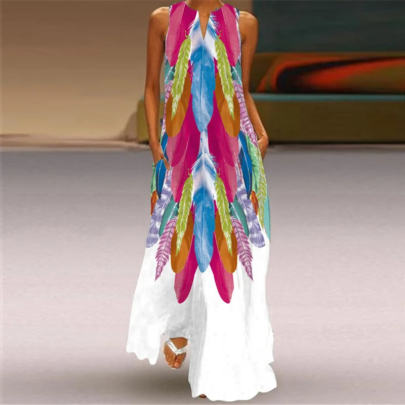 Vintage Print Women Sundress 2023 Summer Fashion V-neck Sleeveless Long Dress Elegant Ladies Maxi Dresses Femme Vestidos