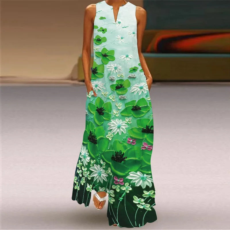 Vintage Print Women Sundress 2023 Summer Fashion V-neck Sleeveless Long Dress Elegant Ladies Maxi Dresses Femme Vestidos