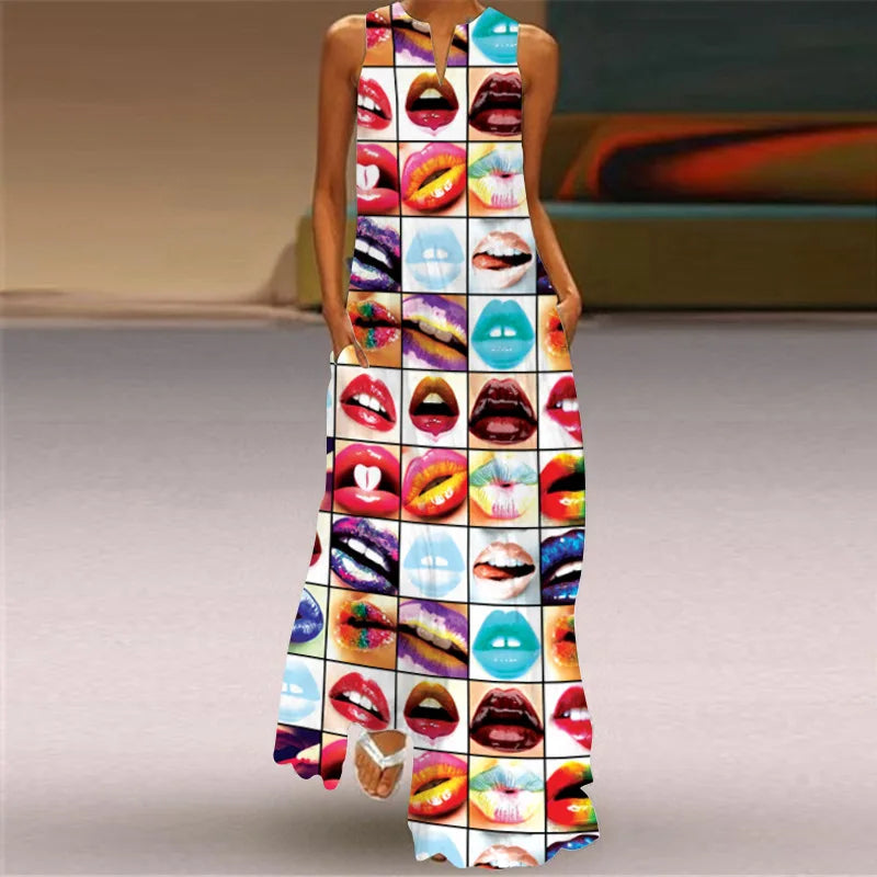 Vintage Print Women Sundress 2023 Summer Fashion V-neck Sleeveless Long Dress Elegant Ladies Maxi Dresses Femme Vestidos