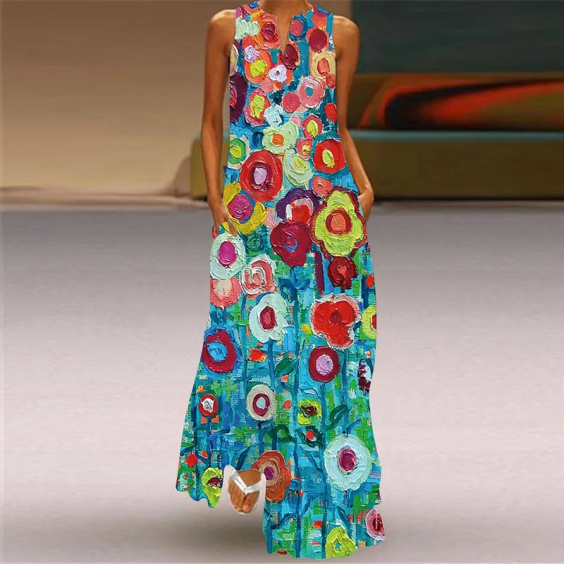 Vintage Print Women Sundress 2023 Summer Fashion V-neck Sleeveless Long Dress Elegant Ladies Maxi Dresses Femme Vestidos