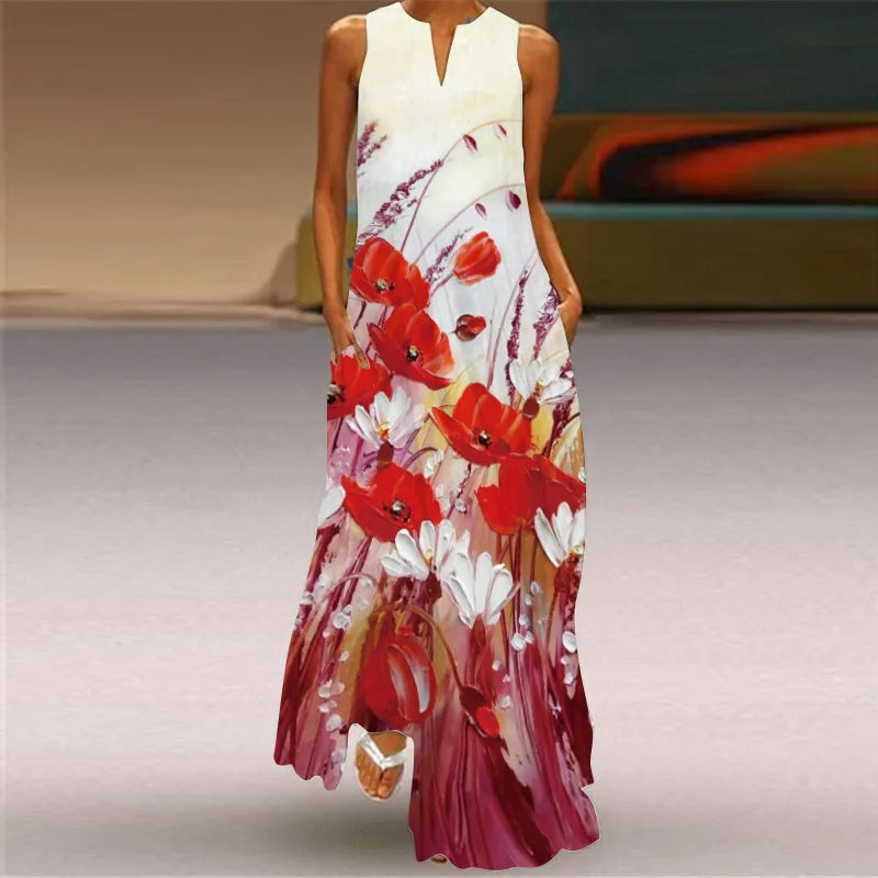 Vintage Print Women Sundress 2023 Summer Fashion V-neck Sleeveless Long Dress Elegant Ladies Maxi Dresses Femme Vestidos