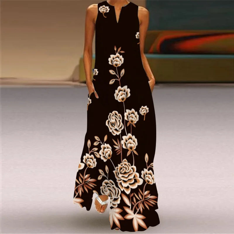 Vintage Print Women Sundress 2023 Summer Fashion V-neck Sleeveless Long Dress Elegant Ladies Maxi Dresses Femme Vestidos