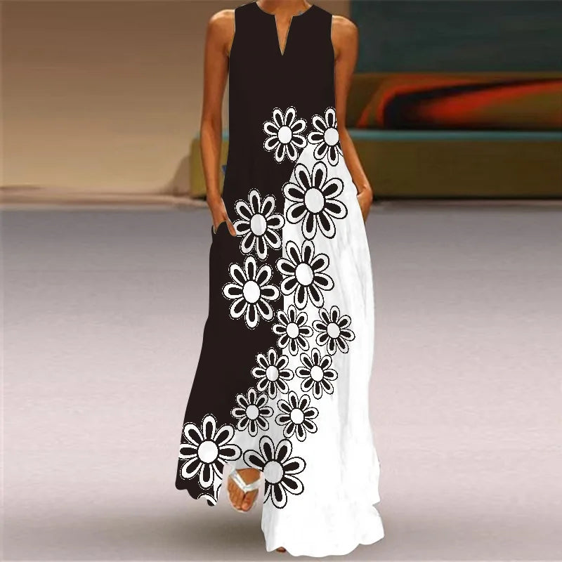 Vintage Print Women Sundress 2023 Summer Fashion V-neck Sleeveless Long Dress Elegant Ladies Maxi Dresses Femme Vestidos