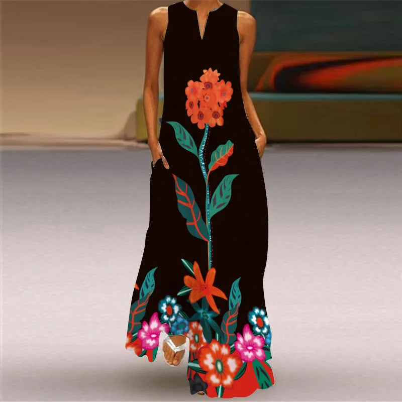 Vintage Print Women Sundress 2023 Summer Fashion V-neck Sleeveless Long Dress Elegant Ladies Maxi Dresses Femme Vestidos