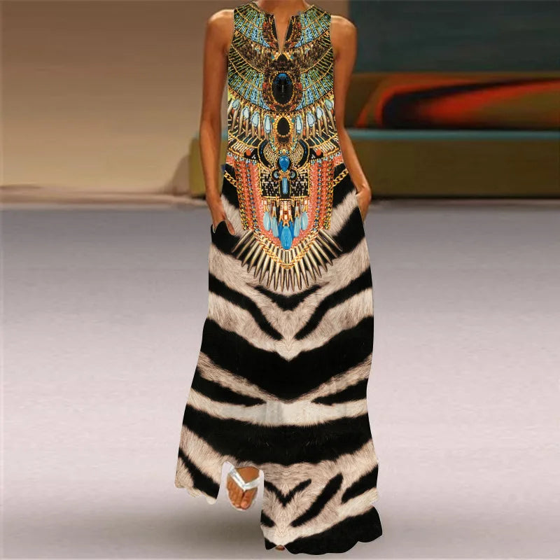 Vintage Print Women Sundress 2023 Summer Fashion V-neck Sleeveless Long Dress Elegant Ladies Maxi Dresses Femme Vestidos