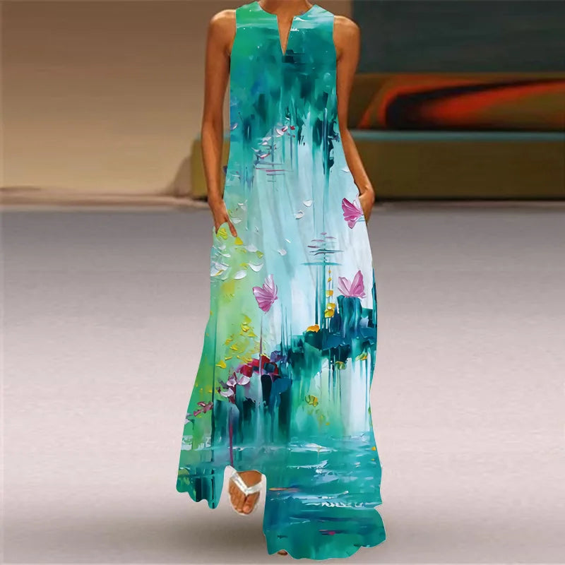 Vintage Print Women Sundress 2023 Summer Fashion V-neck Sleeveless Long Dress Elegant Ladies Maxi Dresses Femme Vestidos