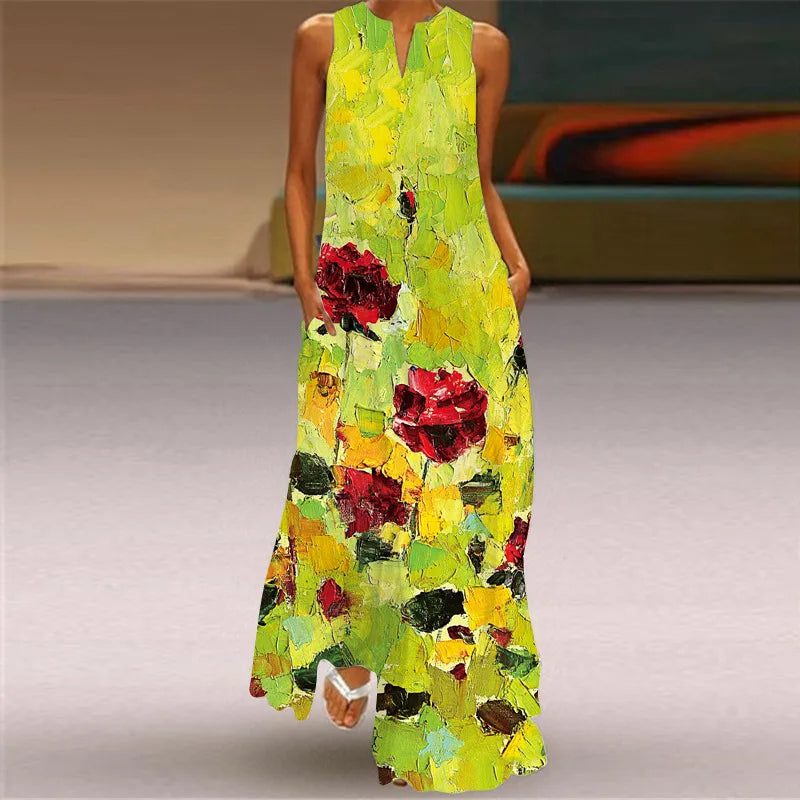 Vintage Print Women Sundress 2023 Summer Fashion V-neck Sleeveless Long Dress Elegant Ladies Maxi Dresses Femme Vestidos