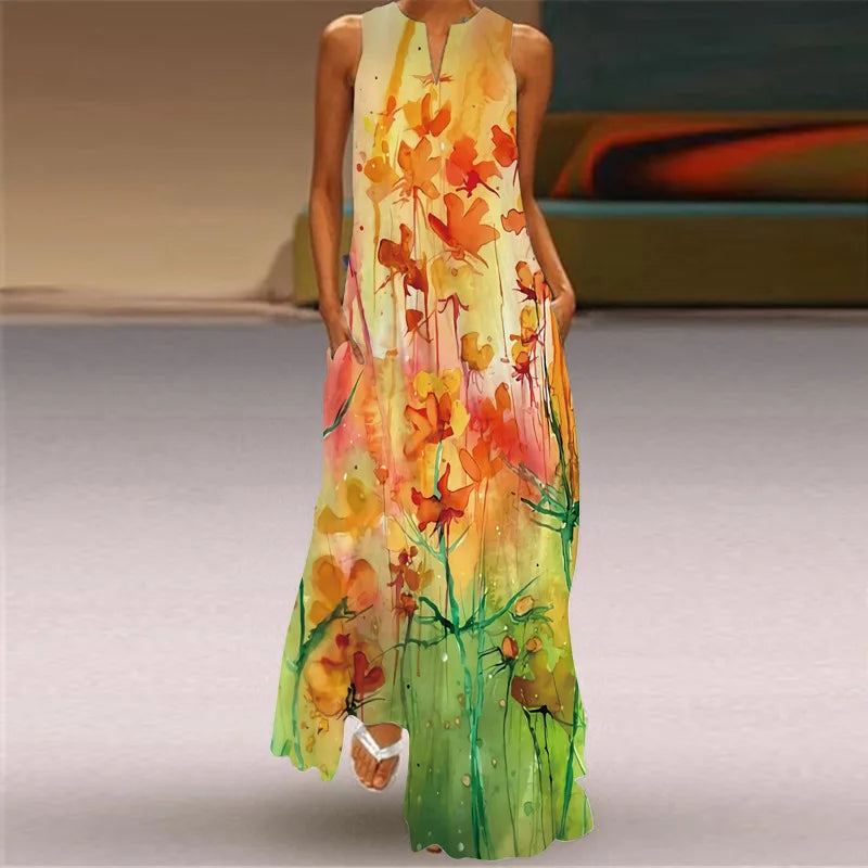 Vintage Print Women Sundress 2023 Summer Fashion V-neck Sleeveless Long Dress Elegant Ladies Maxi Dresses Femme Vestidos