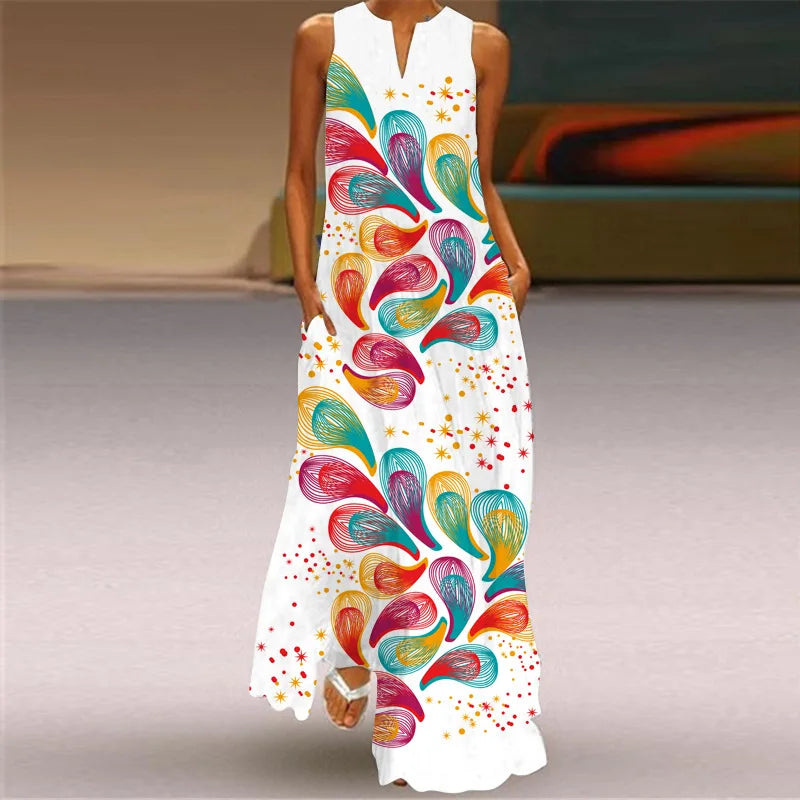 Vintage Print Women Sundress 2023 Summer Fashion V-neck Sleeveless Long Dress Elegant Ladies Maxi Dresses Femme Vestidos