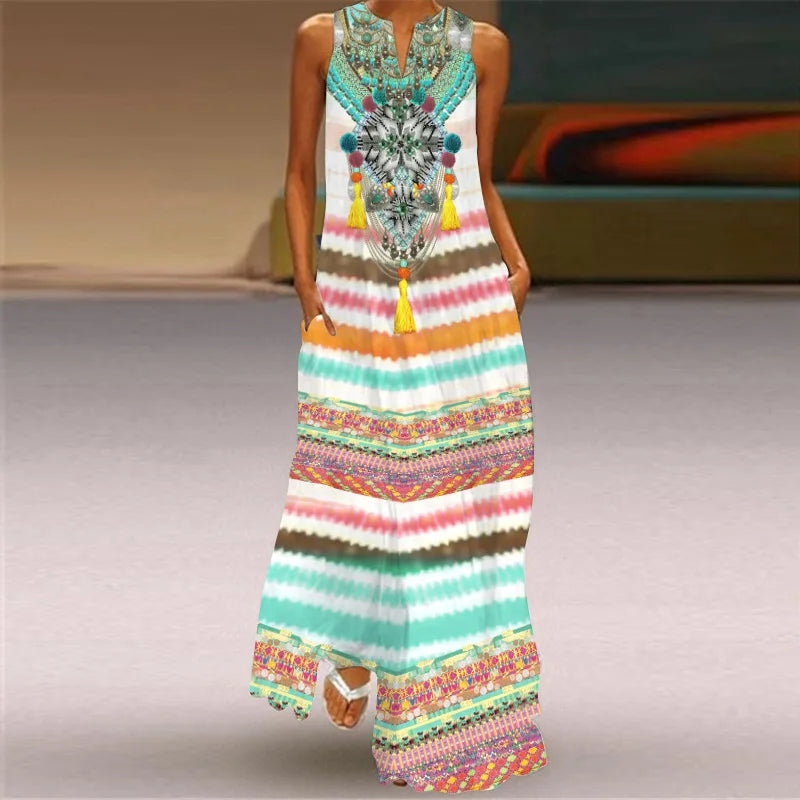 Vintage Print Women Sundress 2023 Summer Fashion V-neck Sleeveless Long Dress Elegant Ladies Maxi Dresses Femme Vestidos