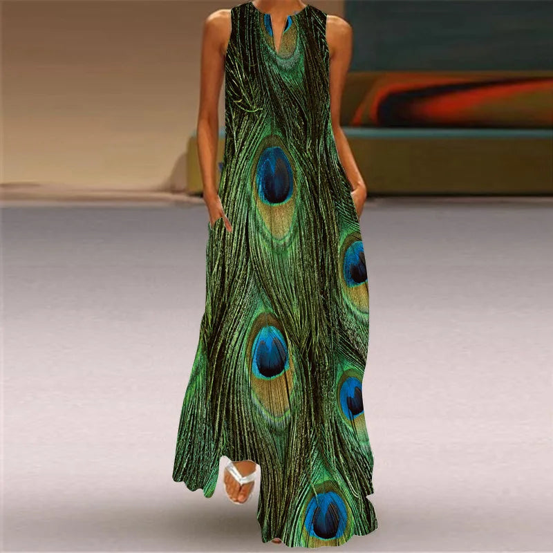 Vintage Print Women Sundress 2023 Summer Fashion V-neck Sleeveless Long Dress Elegant Ladies Maxi Dresses Femme Vestidos