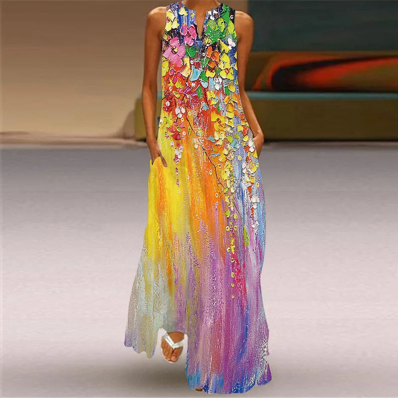 Vintage Print Women Sundress 2023 Summer Fashion V-neck Sleeveless Long Dress Elegant Ladies Maxi Dresses Femme Vestidos